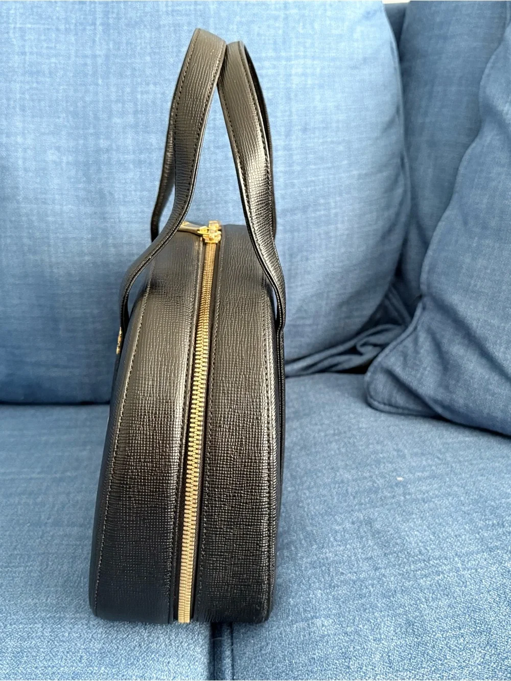 MCM Black Textured Leather Dome Satchel with Gold Accents